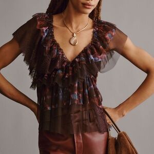 Anthropologie Multicolor Sheer Ruffle Blouse
